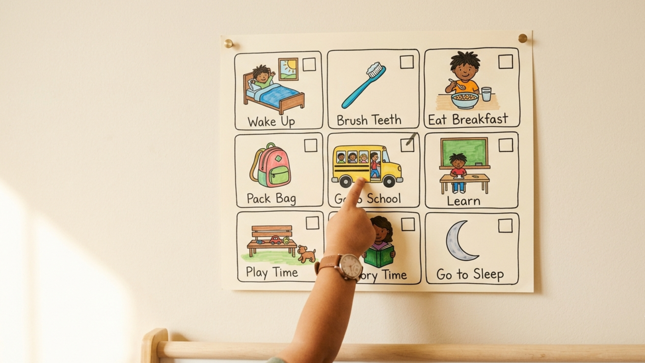 A visual daily routine chart pinned to a wall at home in Dubai, showing the morning sequence a child with autism will follow before school starts
