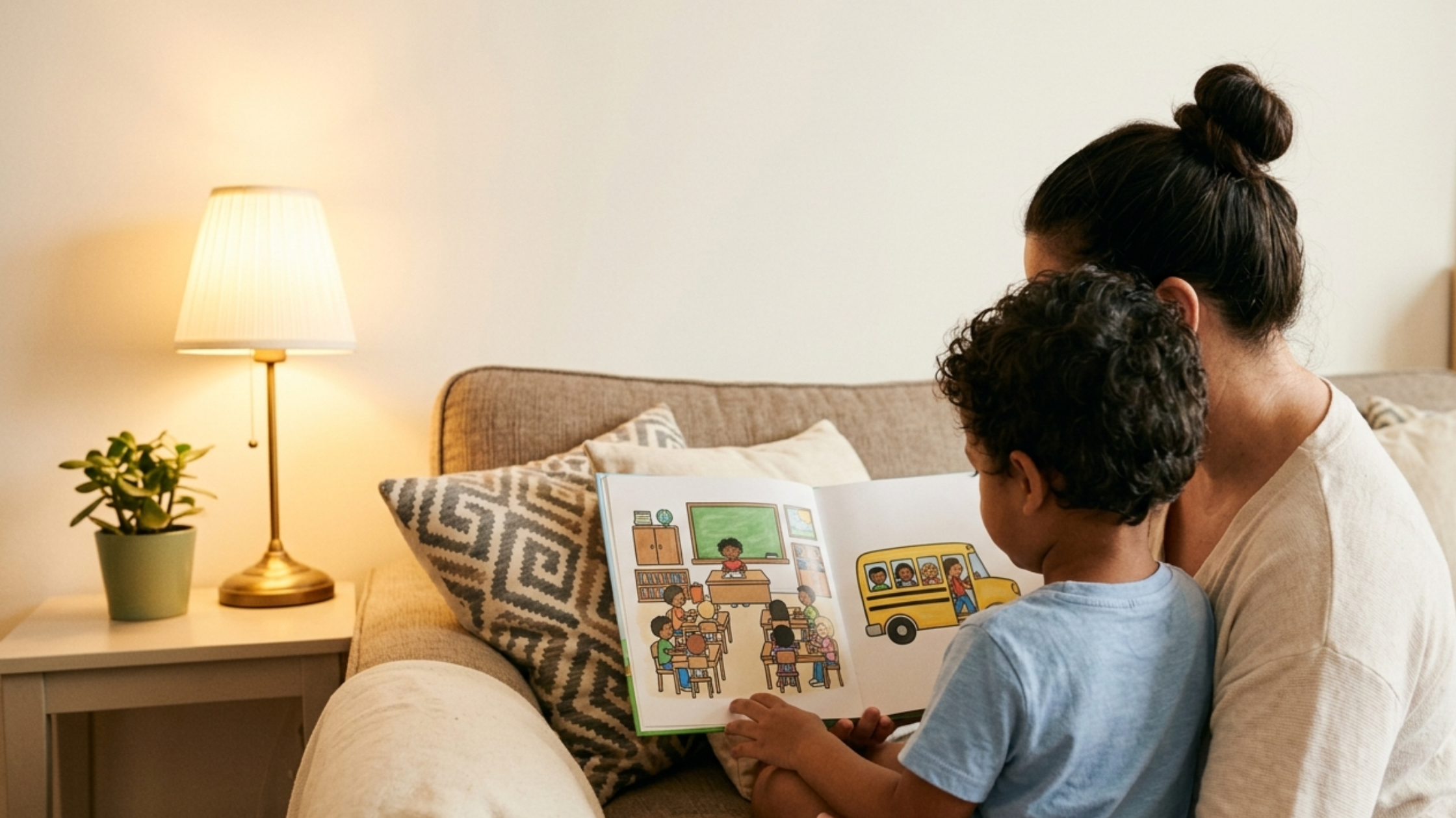 A parent sitting quietly beside their child with autism on a sofa at home, both looking at a simple picture book about going to school