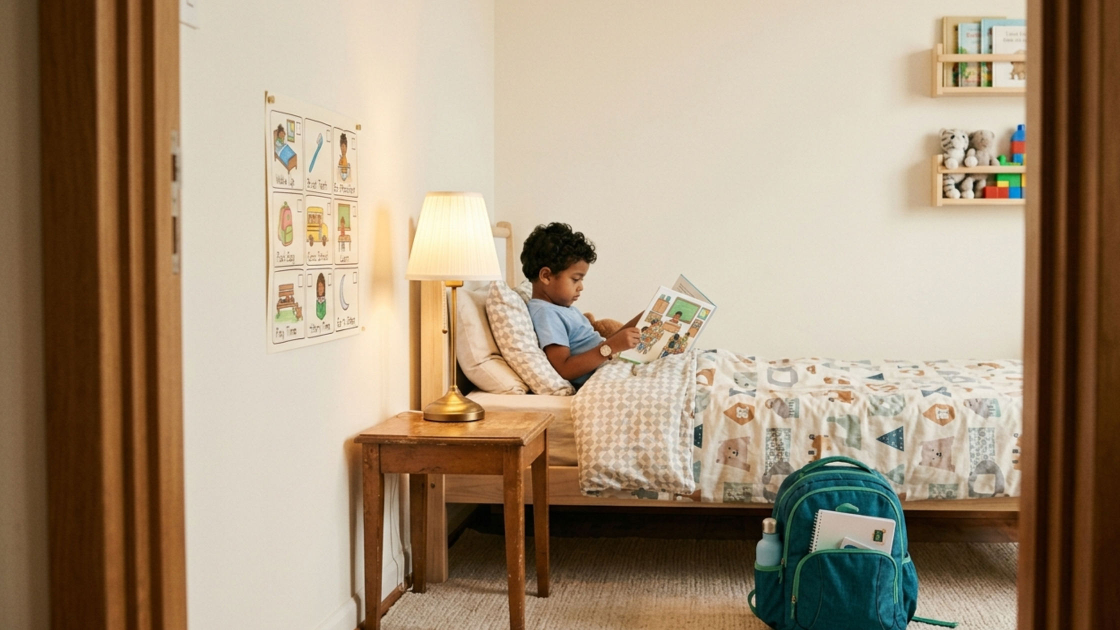 A parent and child calmly going through a bedtime routine together the night before the first day of school in Dubai