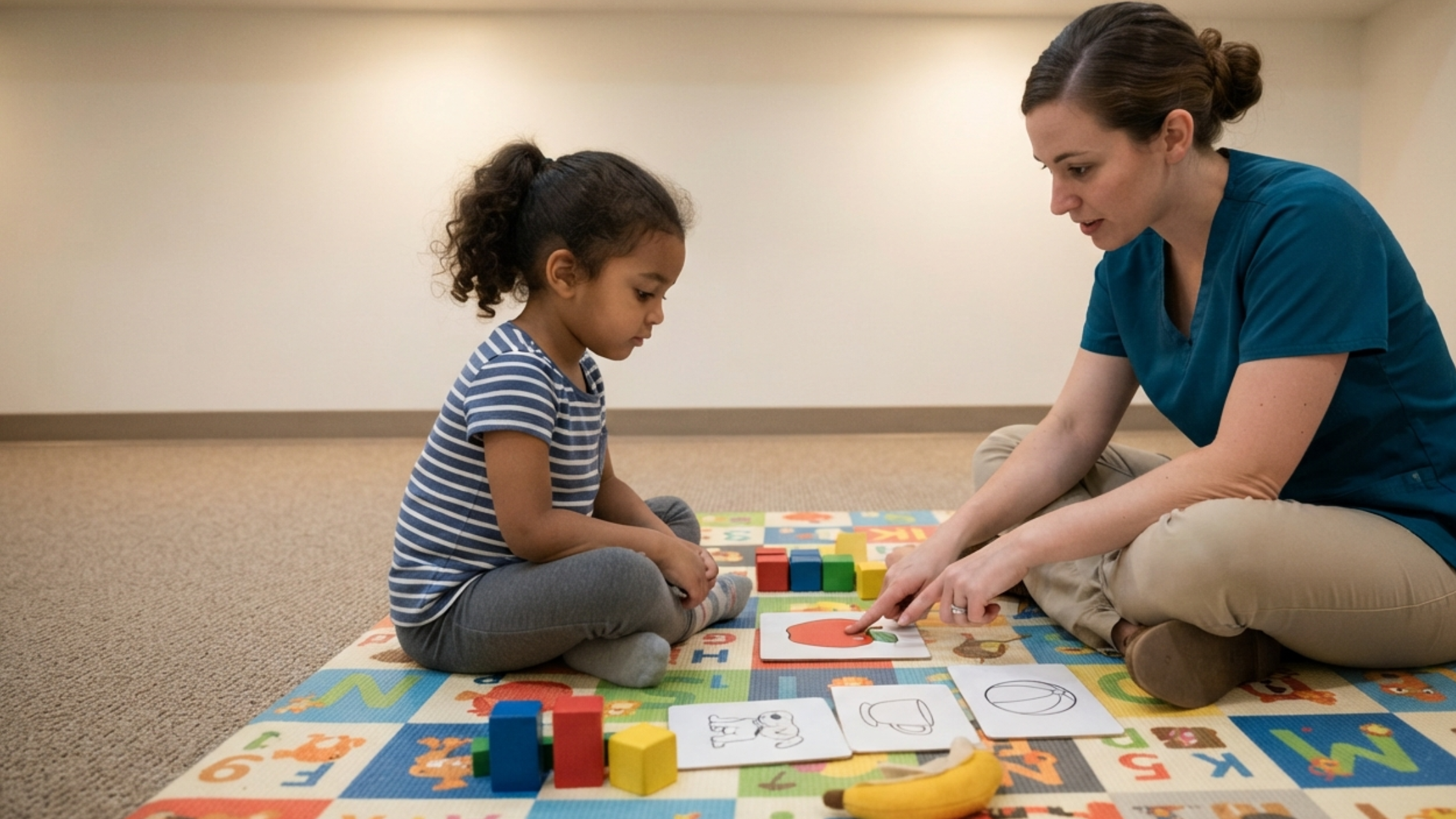 A NeuroCore ABA therapist working with a child with autism during a structured play-based session in a bright home setting in Dubai