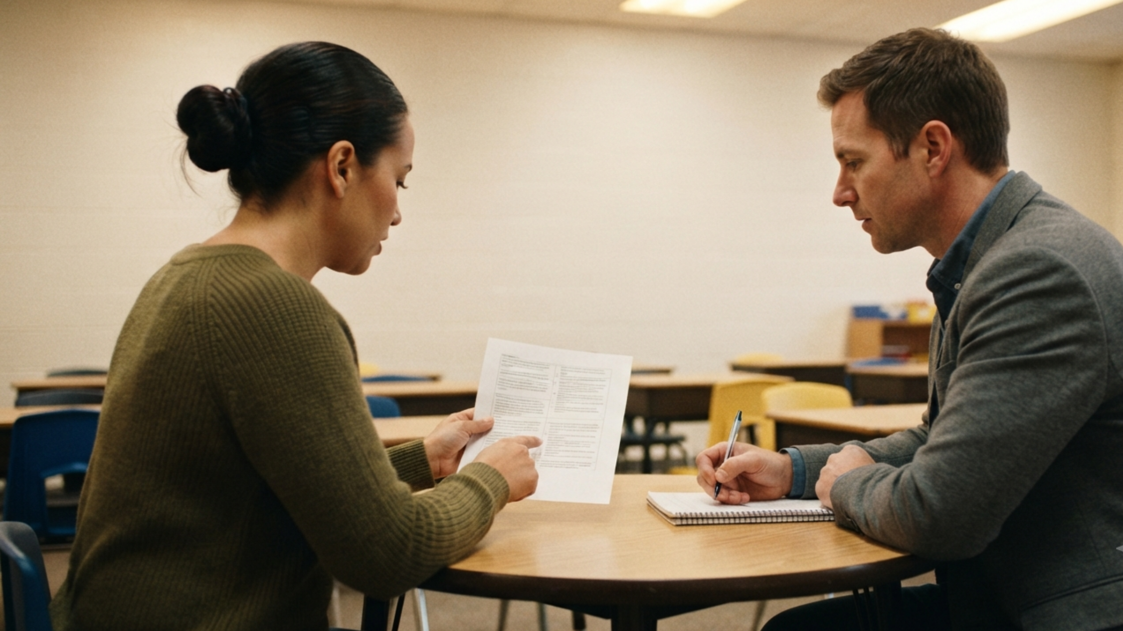 A NeuroCore ABA therapist sitting with a teacher in a Dubai classroom discussing a student's support plan and behaviour strategies