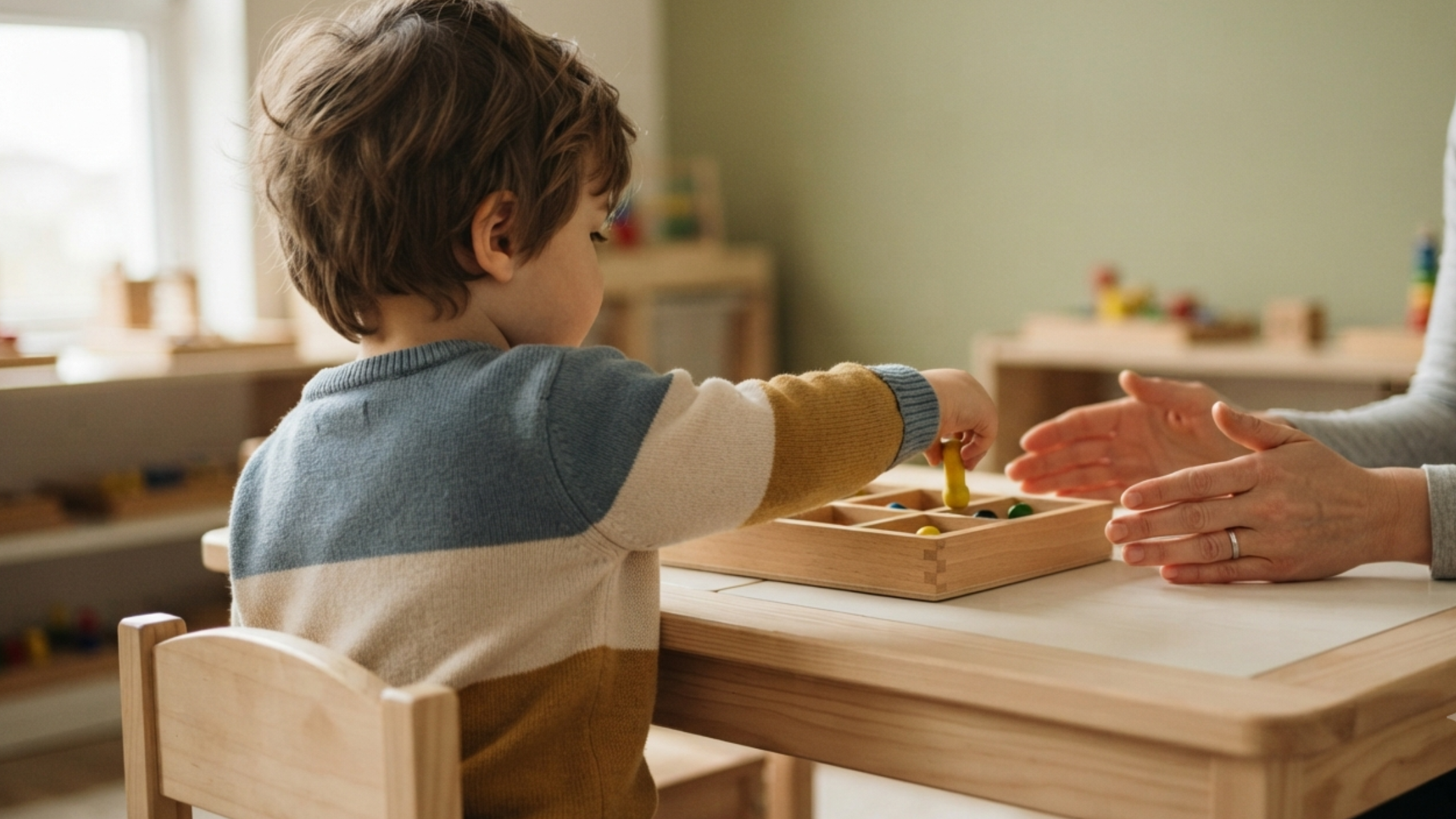 A warm and skilled ABA therapist engaged in a natural and purposeful interaction with a child during a therapy session