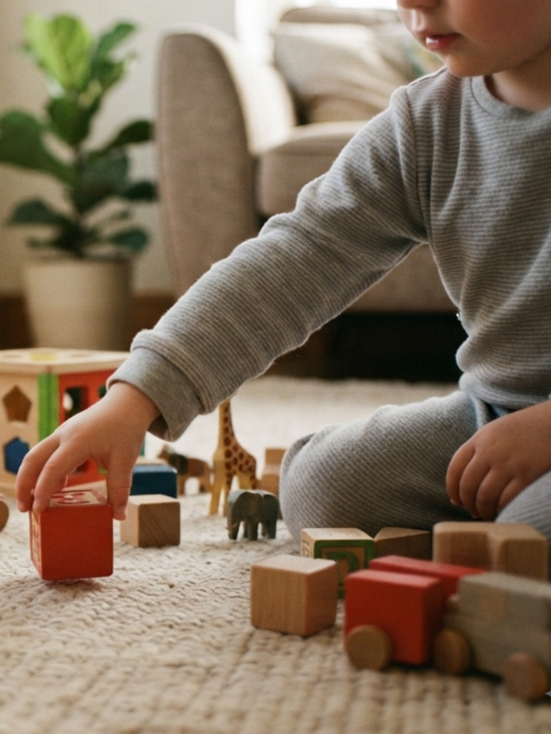 A NeuroCore therapist meeting a child for the first time during an initial ABA therapy session in a bright Dubai home, warm and relaxed introduction