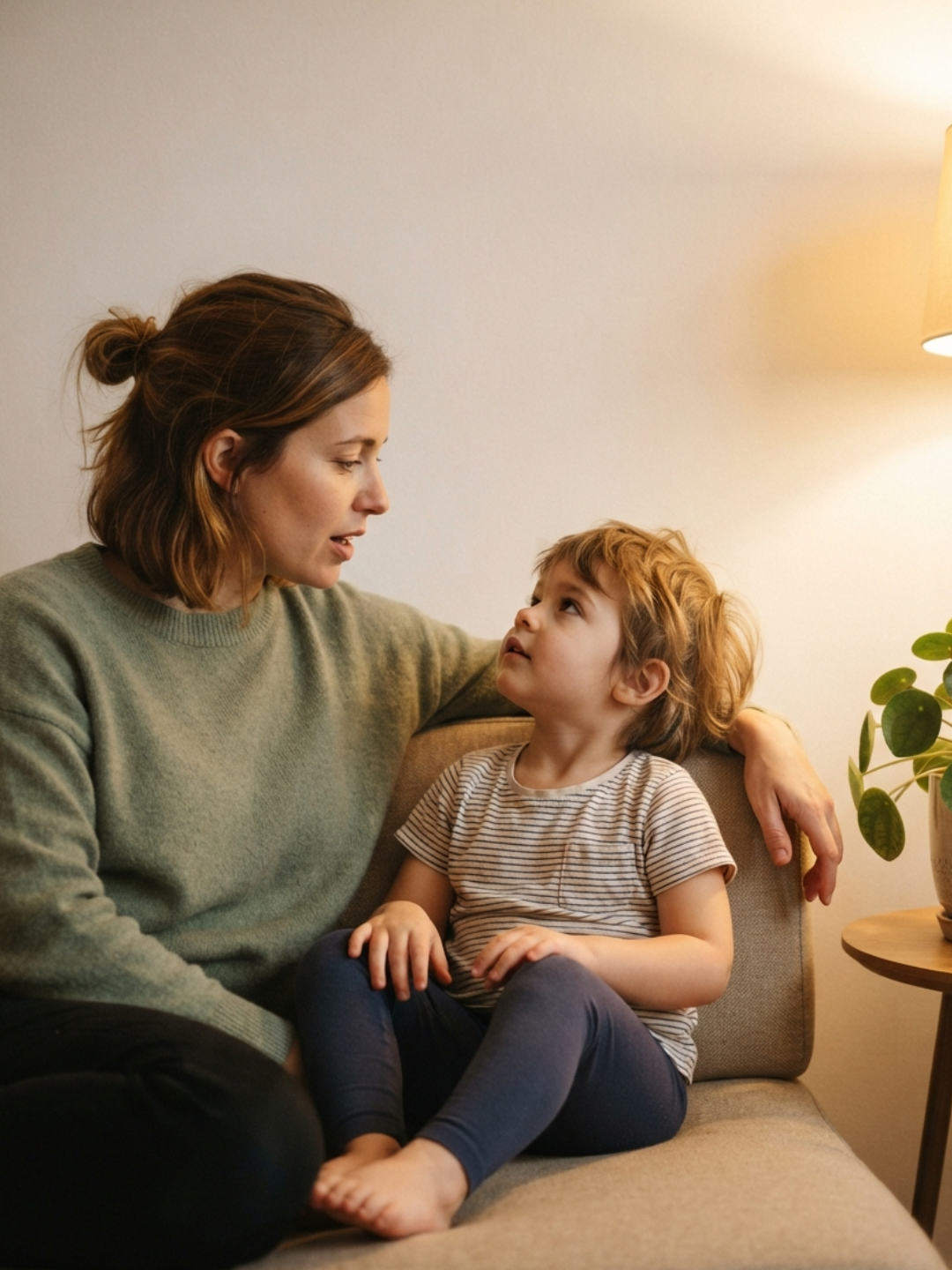 A parent sitting beside their child on a sofa, having a calm and open conversation about starting ABA therapy with a NeuroCore therapist