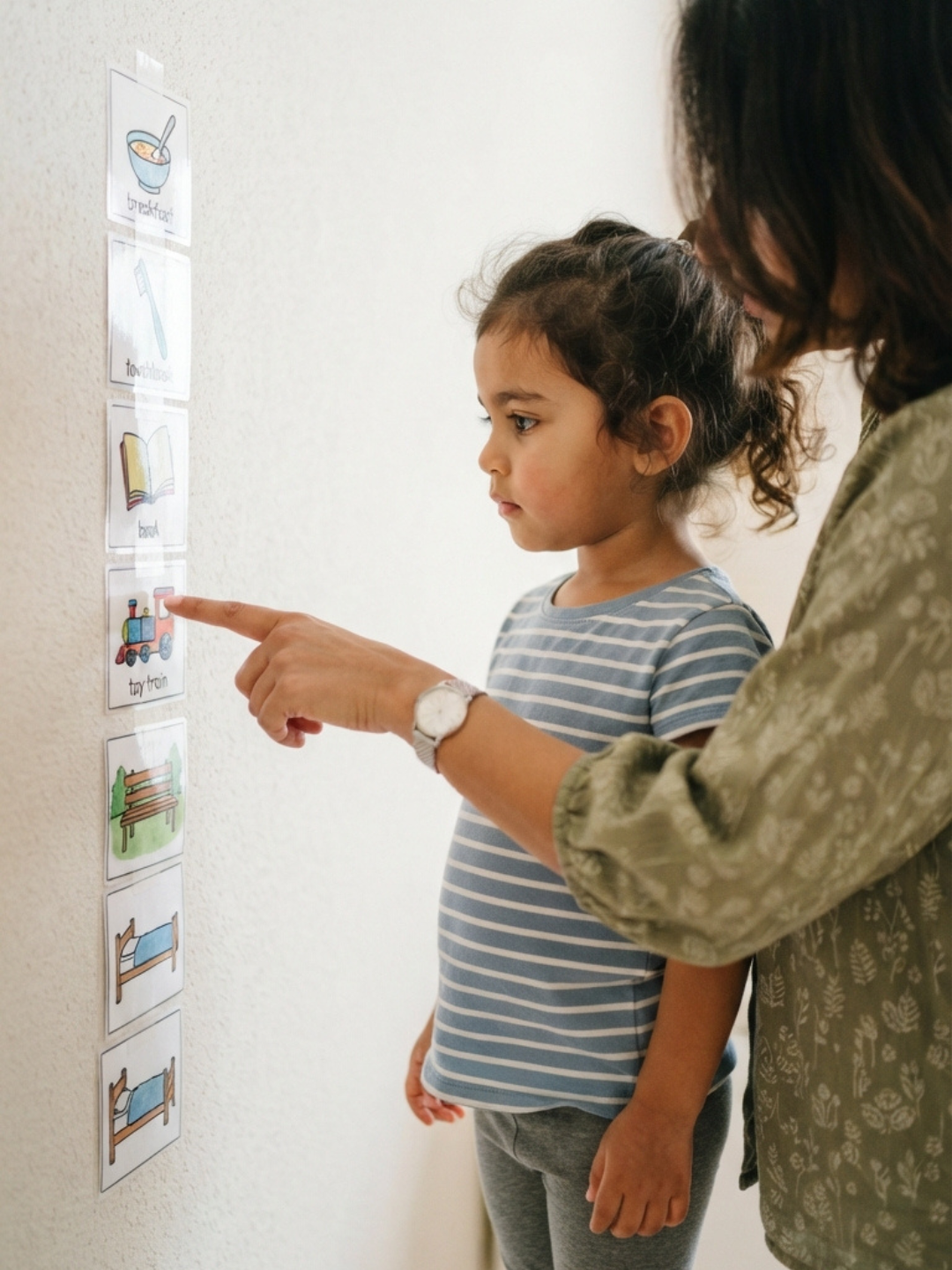 A parent using a visual schedule with their child with autism at home during a UAE public holiday, maintaining routine and predictability with ABA support