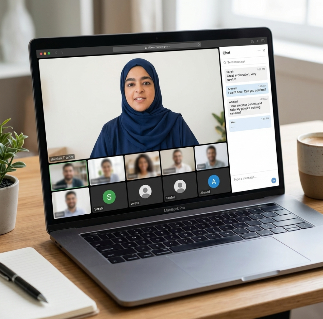 Virtual classroom interface showing a professional trainer conducting interactive ABAT and IBT behavior therapy training with attendees