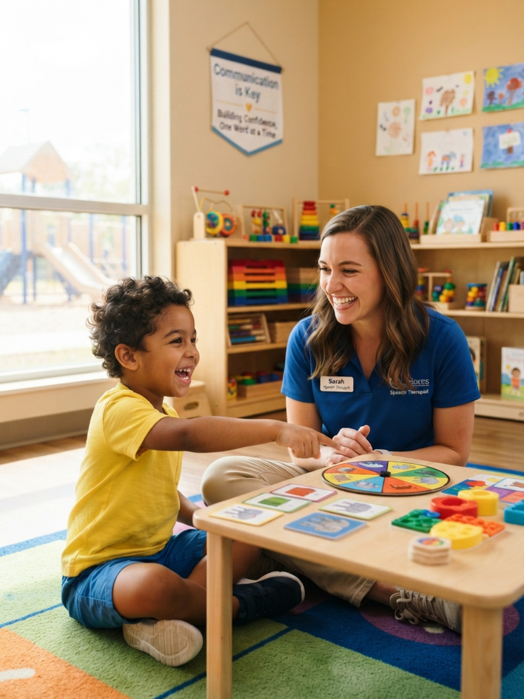 A child working with a NeuroCore therapist on building communication confidence during an ABA session, supported in a calm and patient environment