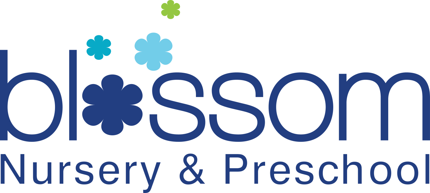 Logo for Blossom Nursery & Preschool with the word 'blossom' in large blue letters and small flower icons above and around the text.