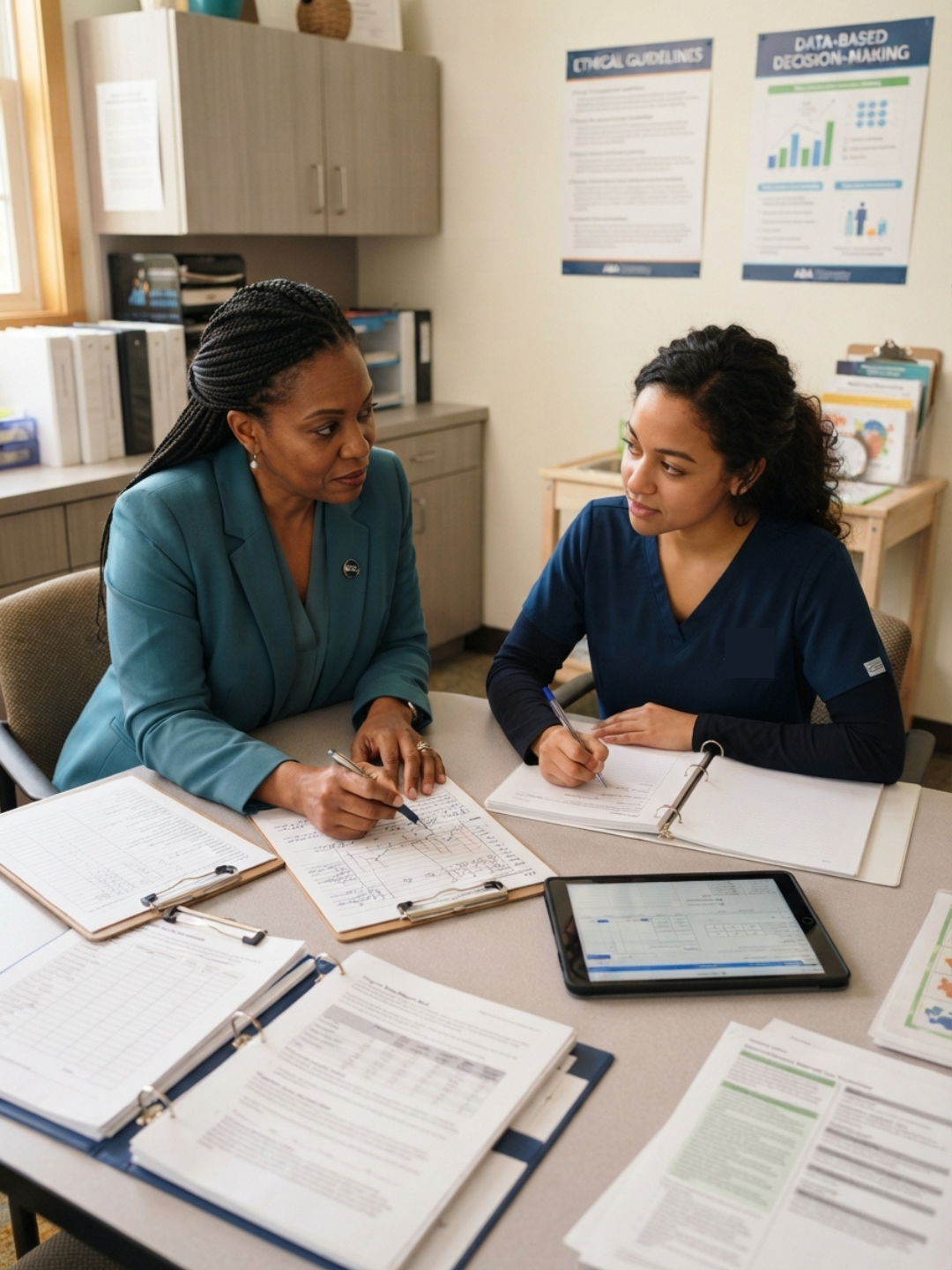 A new ABA therapist receiving feedback from a supervising clinician after a session, learning from clinical experience and guidance in their early career