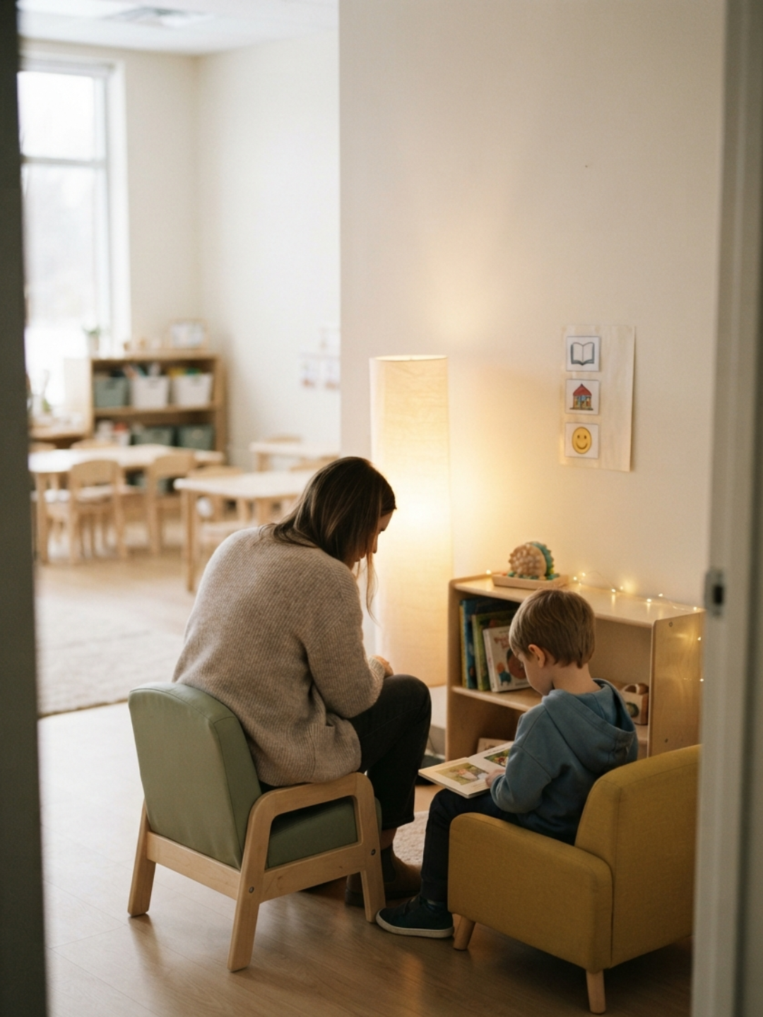 A learning support assistant sitting quietly beside a student with autism in a calm classroom corner, offering patient and gentle support after a difficult morning