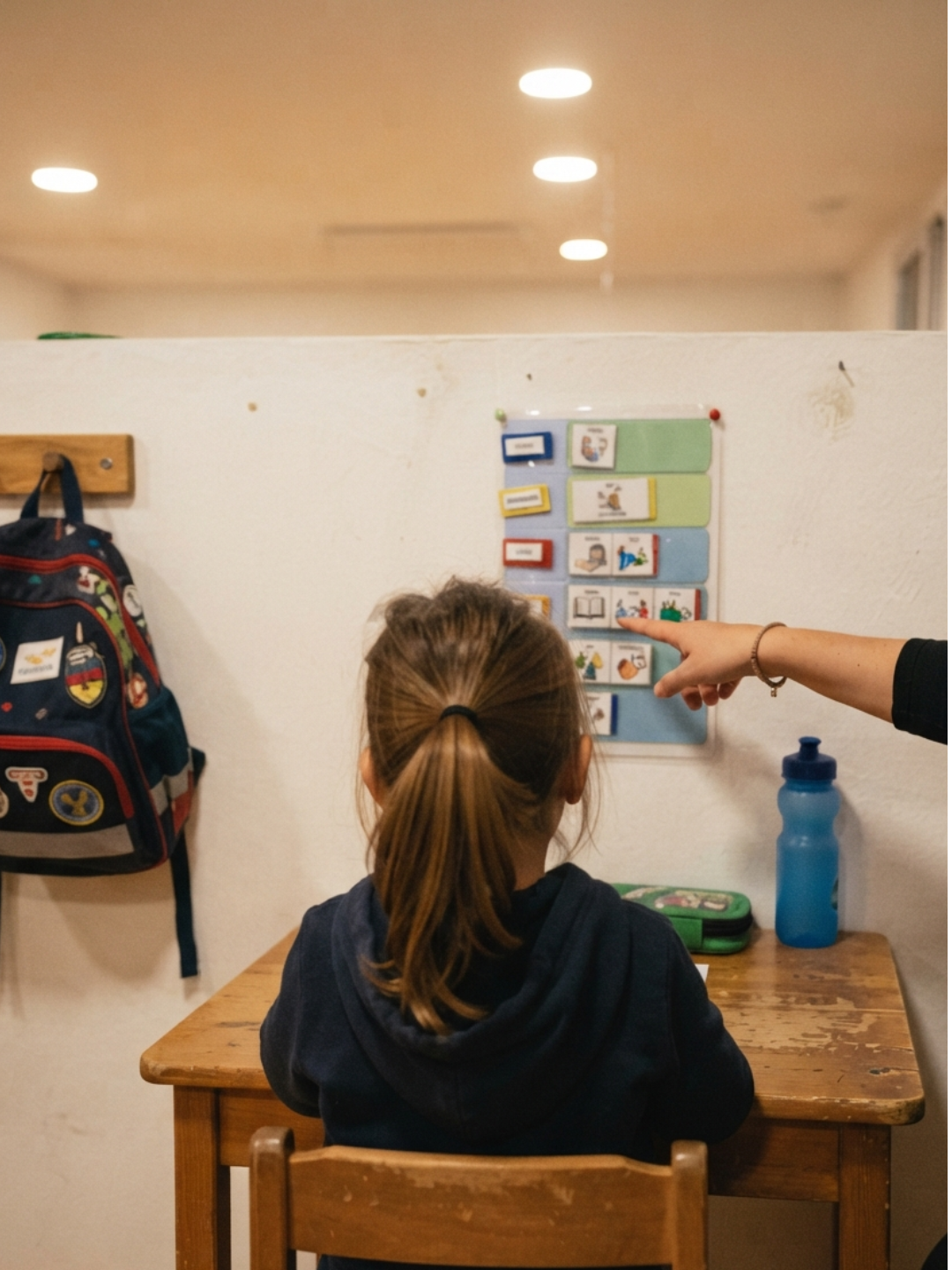 An ABA therapist reviewing session notes and a visual schedule with a child during the first week back at school