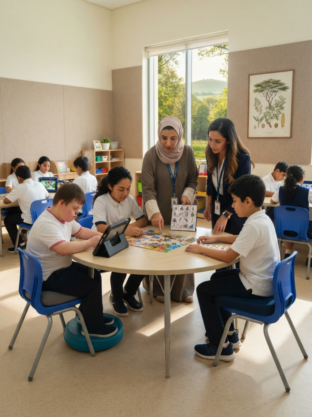 A Dubai teacher using ABA-informed strategies to support a diverse group of students with different learning needs in a bright and organised inclusive classroom