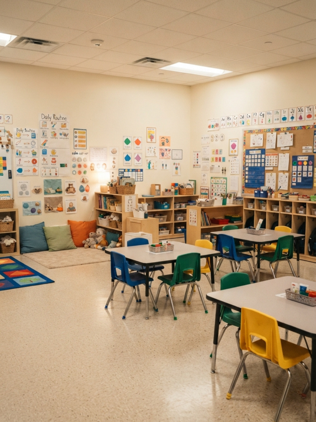A Dubai teacher using ABA visual support strategies in a bright inclusive classroom, supporting a diverse group of students with different learning needs