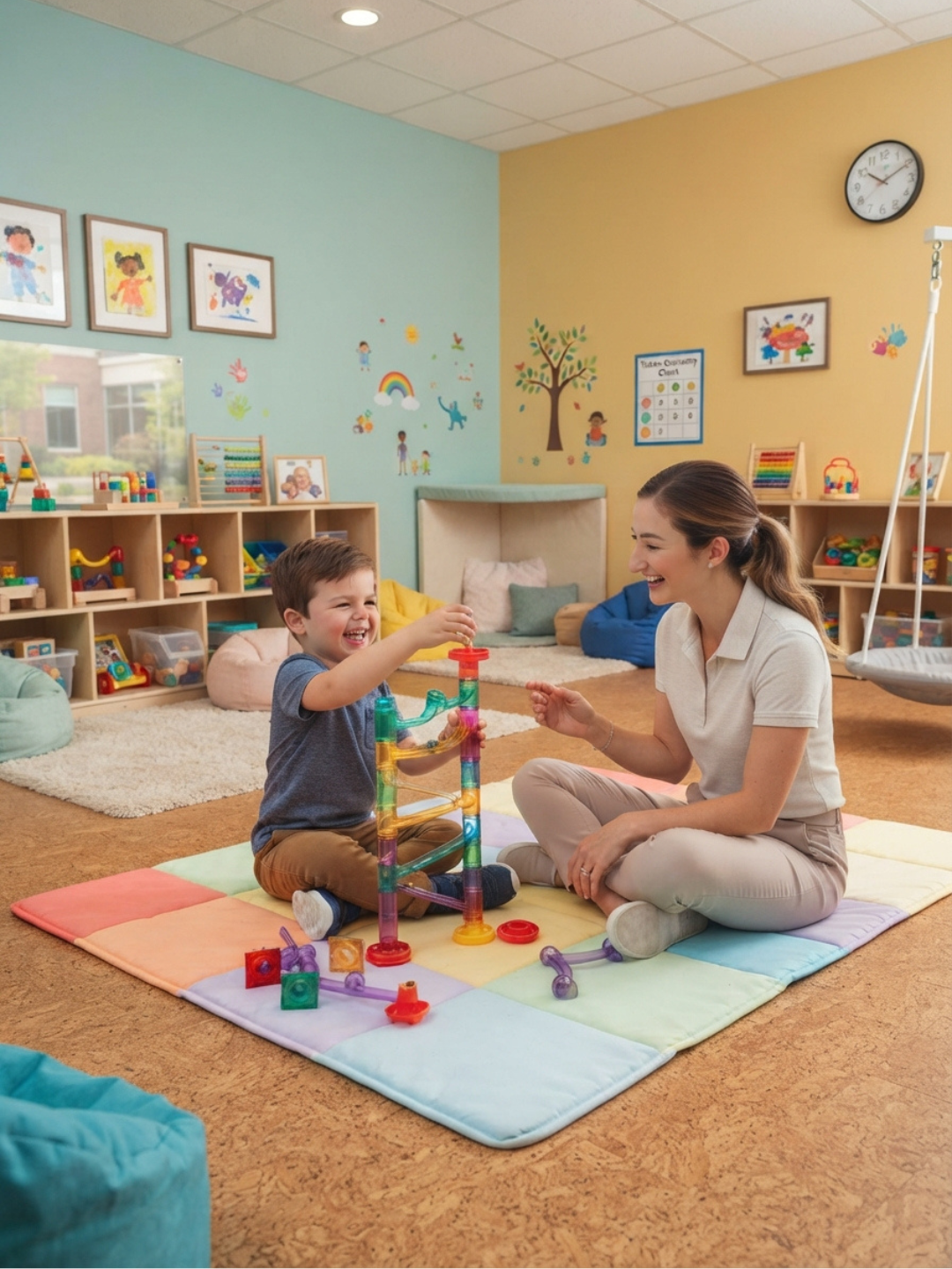 An ABA therapist calmly maintaining an extinction procedure during a session, staying consistent while a child tests the change in reinforcement contingency