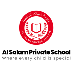 Logo of Al Salam Private School featuring an open book within a red circular emblem, with the school's name and slogan 'Where every child is special'.