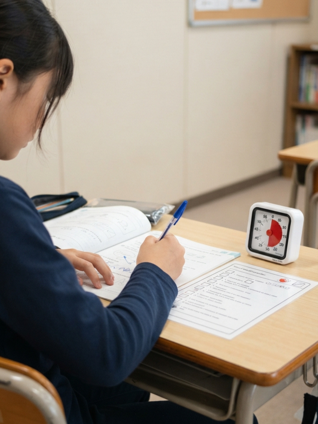 A Dubai teacher using ABA-informed strategies to support a student with ADHD during a structured classroom activity, using visual supports and positive reinforcement