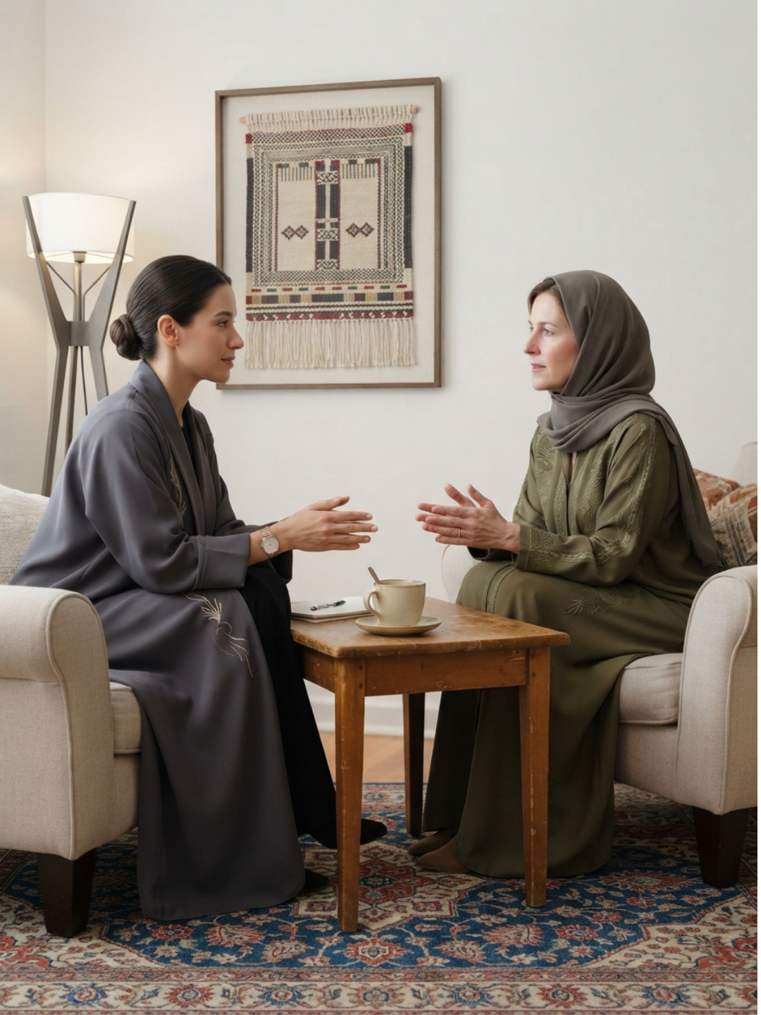 A NeuroCore ABA therapist having a warm and culturally sensitive conversation with a family in Dubai, building trust and understanding across cultural differences