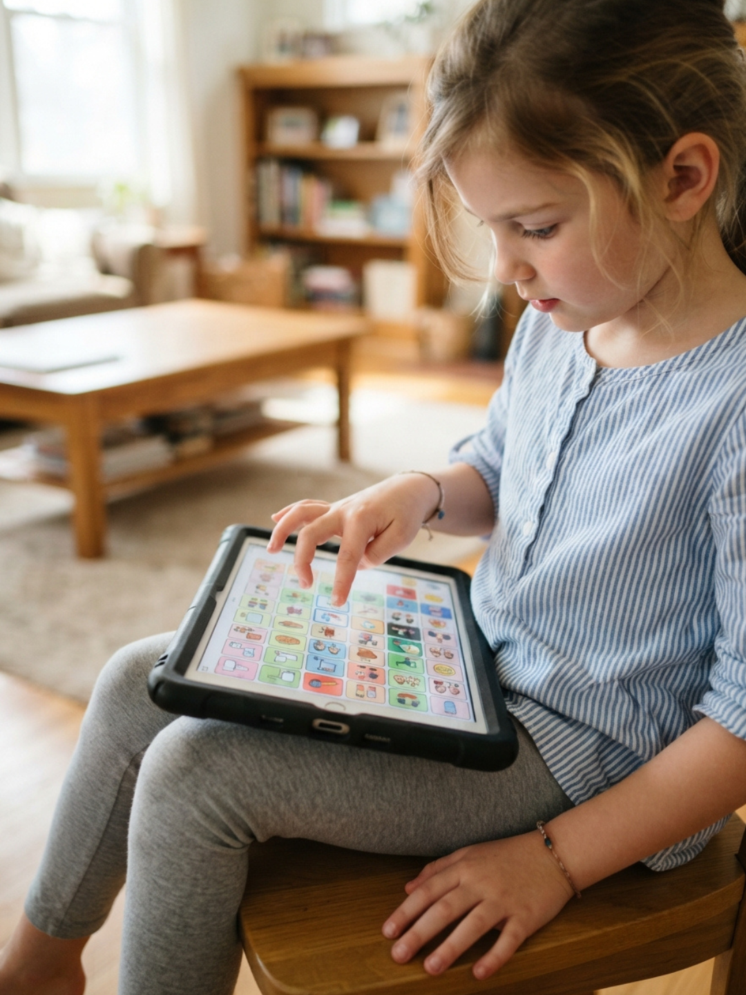 A child in Dubai using an AAC communication device to express a need during an ABA therapy session, supported by a NeuroCore therapist
