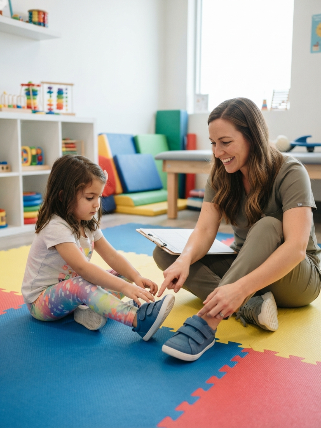 An ABA therapist reviewing a written task analysis document before teaching a child a new daily living skill during an in-home therapy session