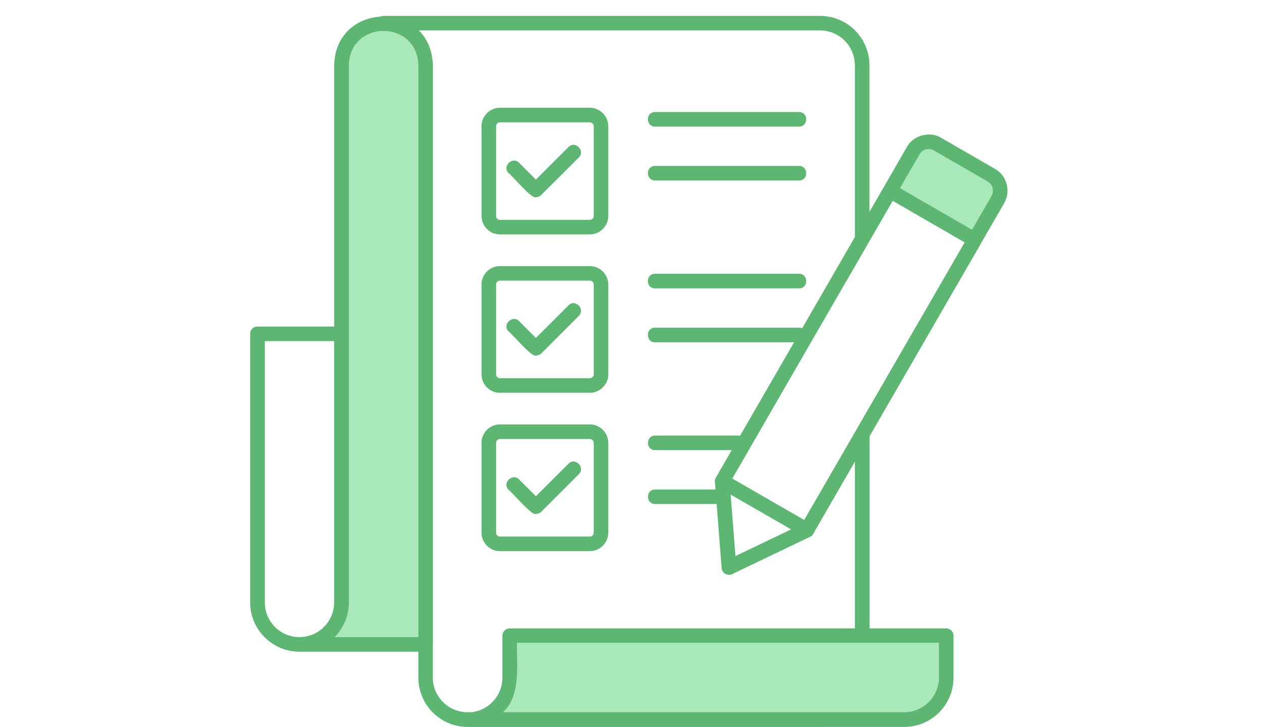 Green outline of a calculator with checkmarks and a pen