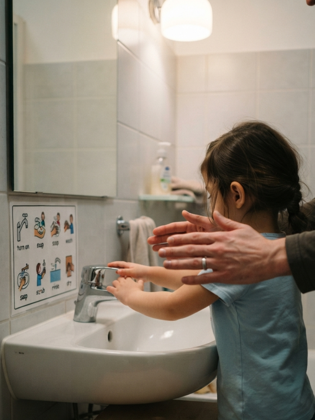 An ABA therapist using backward chaining to teach a child a daily living skill step by step in a bright home setting in Dubai