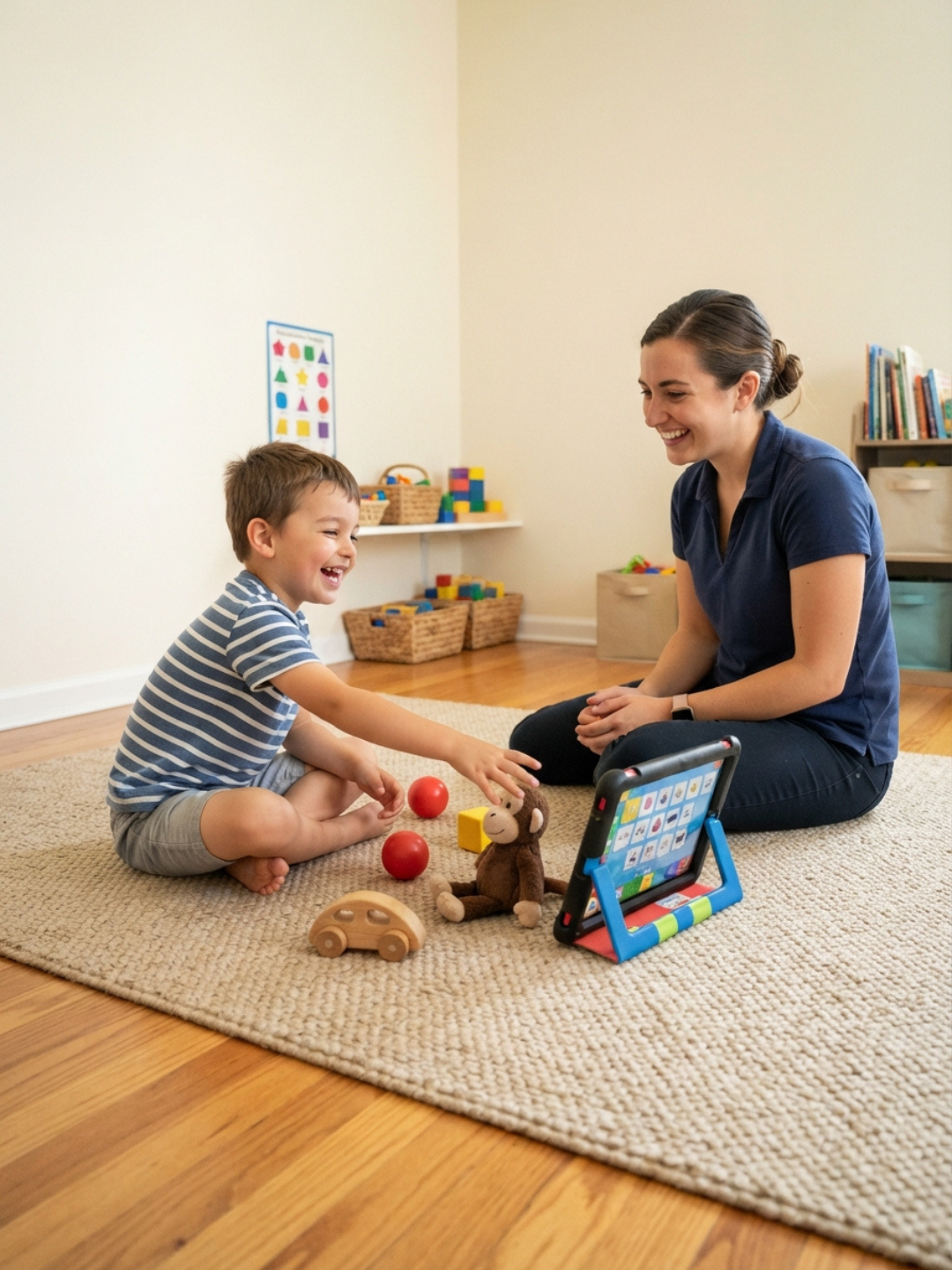 An ABA therapist running a structured and naturalistic session with a child who uses an AAC device, both engaged in a purposeful communication activity