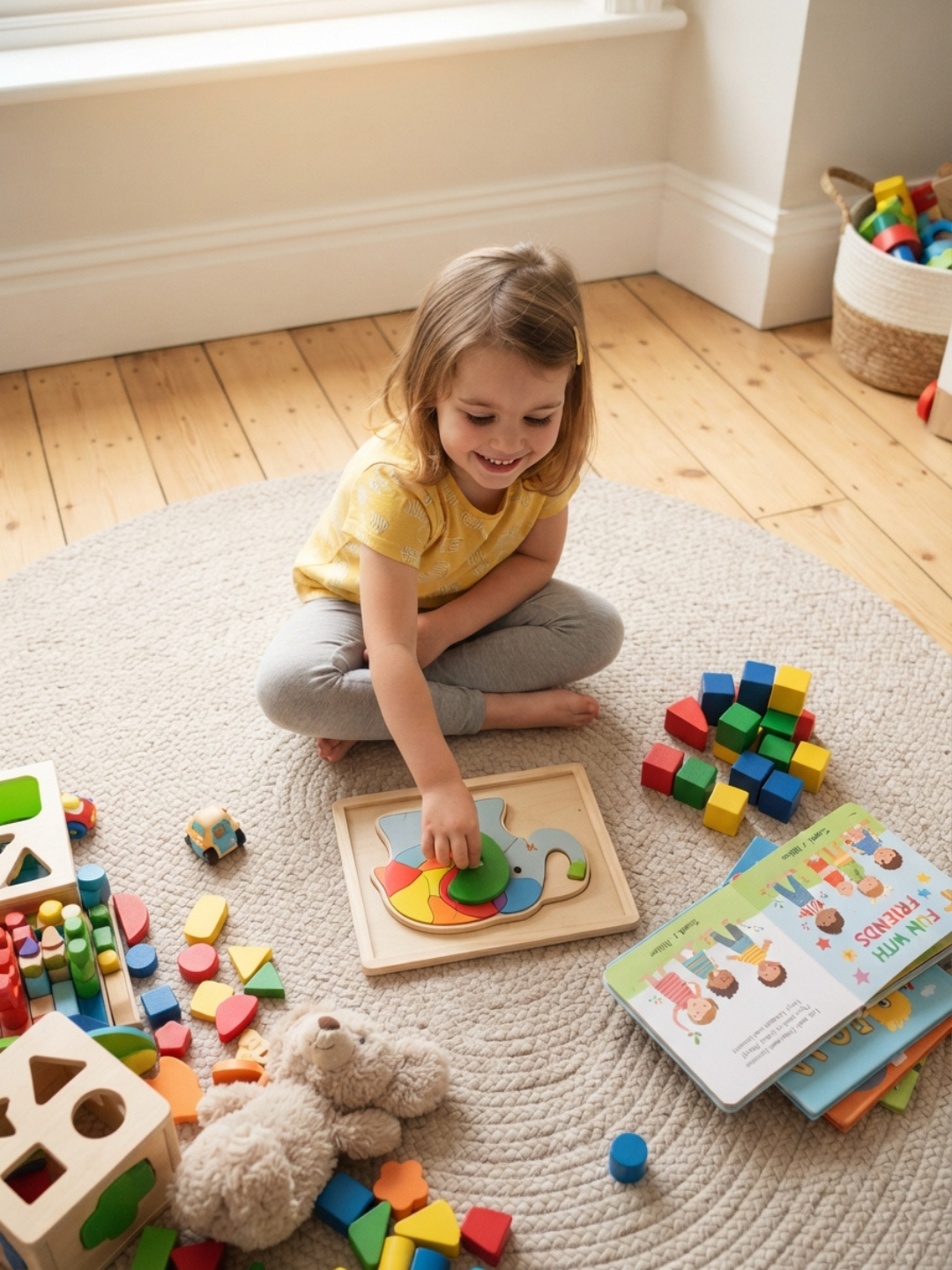 A child with autism enjoying a calm and structured activity at home during the mid-term school break in Dubai, supported by ABA routine strategies