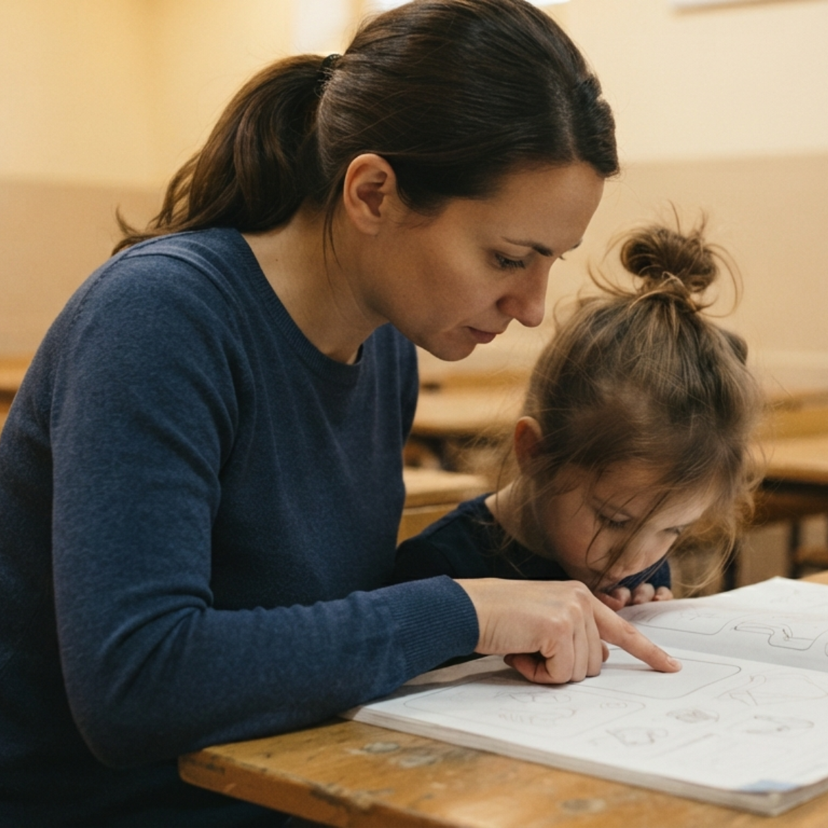 A Learning Support Assistant sitting beside a student with autism in a Dubai classroom, providing quiet and focused individual support during a lesson