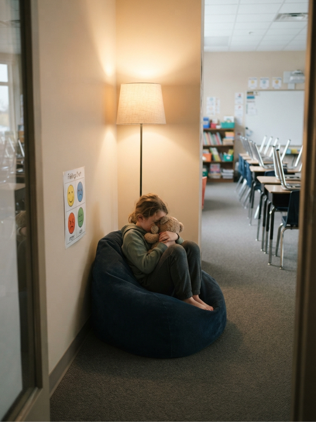A student in a Dubai school accessing a calm corner during a difficult moment, supported by ABA-informed wellbeing strategies implemented by their teache