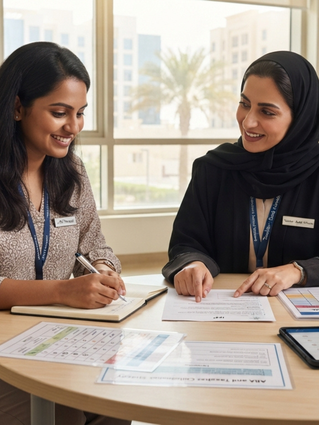 An ABA therapist and a Dubai school teacher meeting to discuss a shared student's support plan, collaborating to build consistency across therapy and school