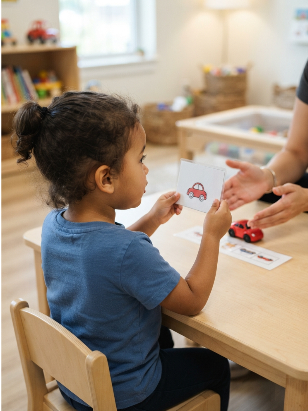 An ABA therapist applying differential reinforcement during a session, reinforcing an appropriate alternative behaviour while withholding reinforcement for a challenging behaviour