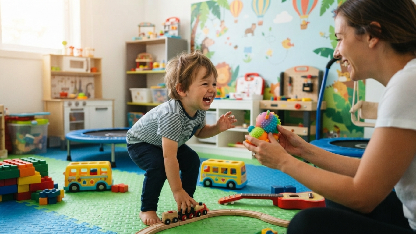 A child with autism experiencing a joyful moment during an in-home ABA therapy session with NeuroCore in Dubai