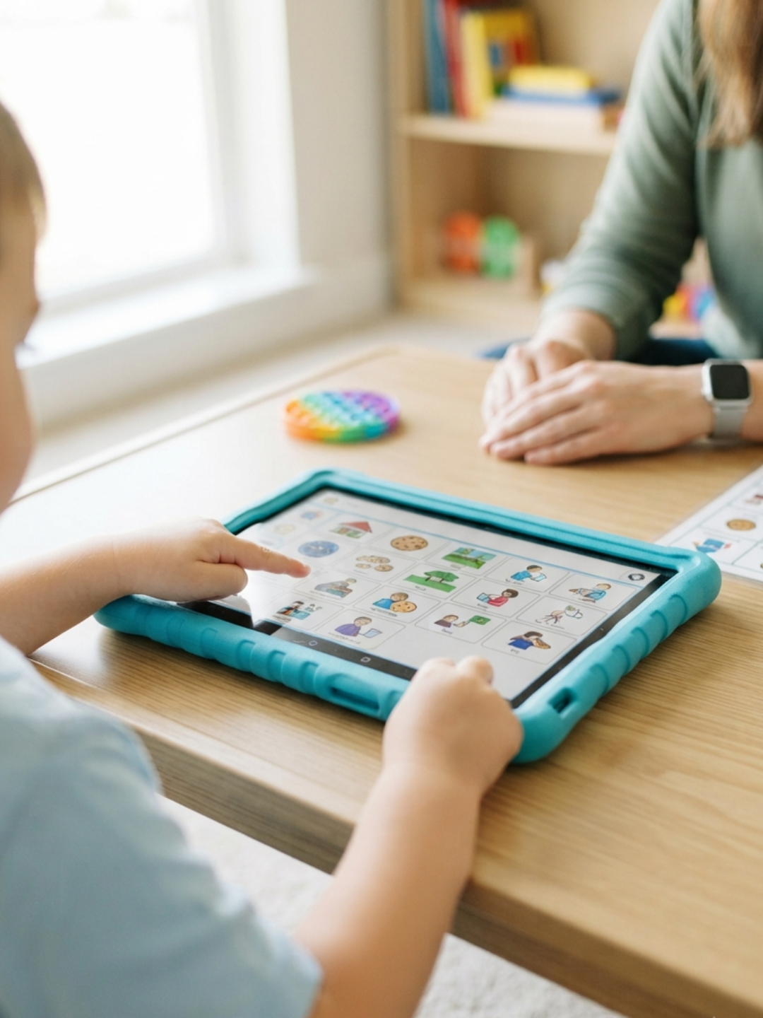 An ABA therapist supporting a child who uses an AAC device during a communication-focused therapy session, encouraging independent and functional use of the device