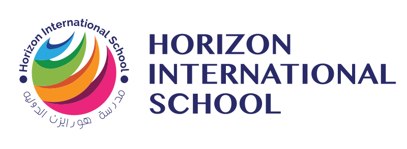 Horizon International School logo featuring a colorful globe with stylized waves