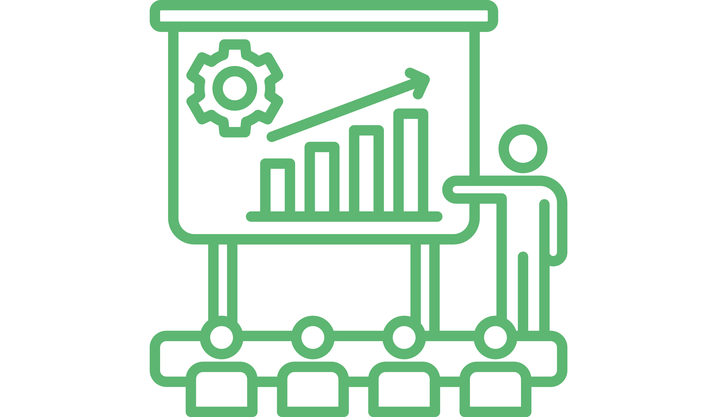 Line drawing of a person standing next to a presentation board with a bar chart and a gear icon, indicating analysis or business growth.