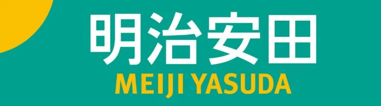 Japanese text with the name 'Meiji Yasuda' in yellow beneath