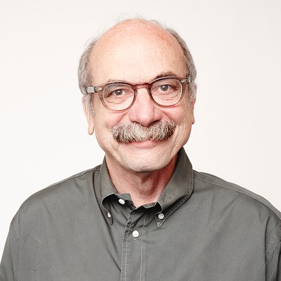 A middle-aged man with glasses, a mustache, and a friendly smile, wearing a gray button-up shirt against a plain white background.