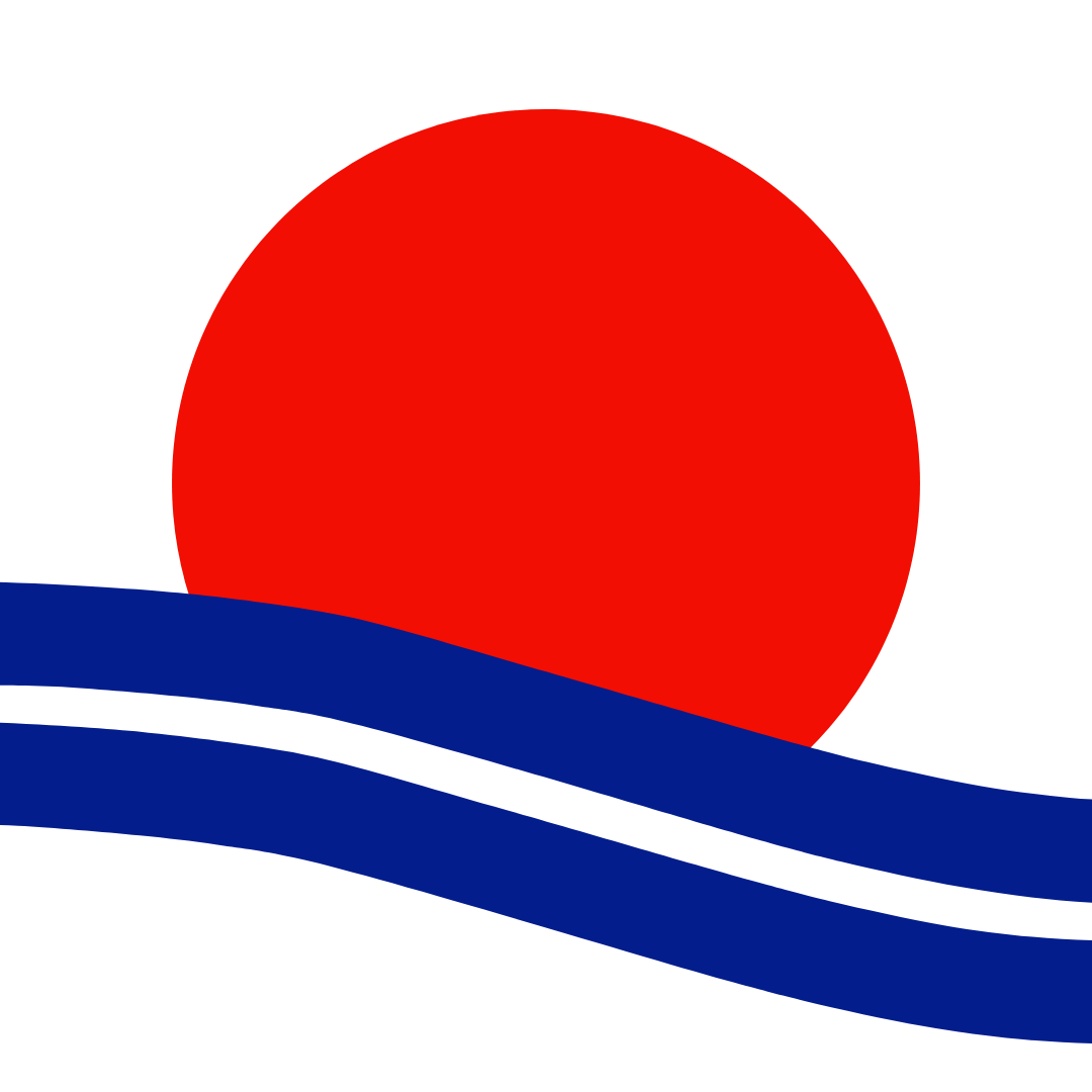 A stylized depiction of a bright red sun setting or rising over a dark blue ocean with white and blue waves.