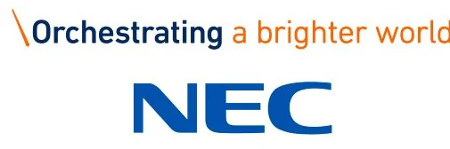 Text reading 'Orchestrating a brighter world' above the NEC logo.
