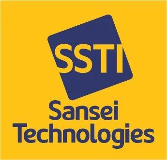 Sansei Technologies logo with blue and yellow colors