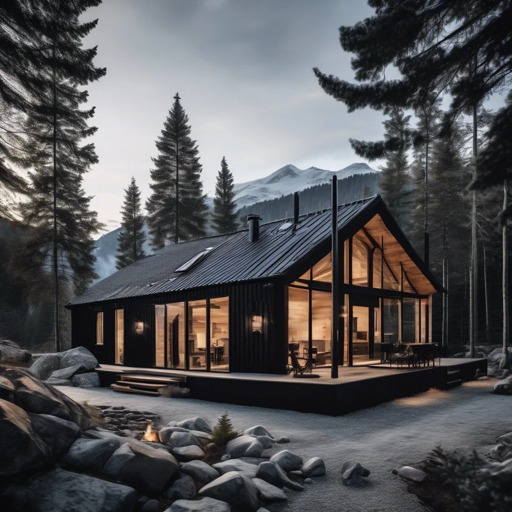 Casa moderna de madera en un bosque con montañas de fondo.