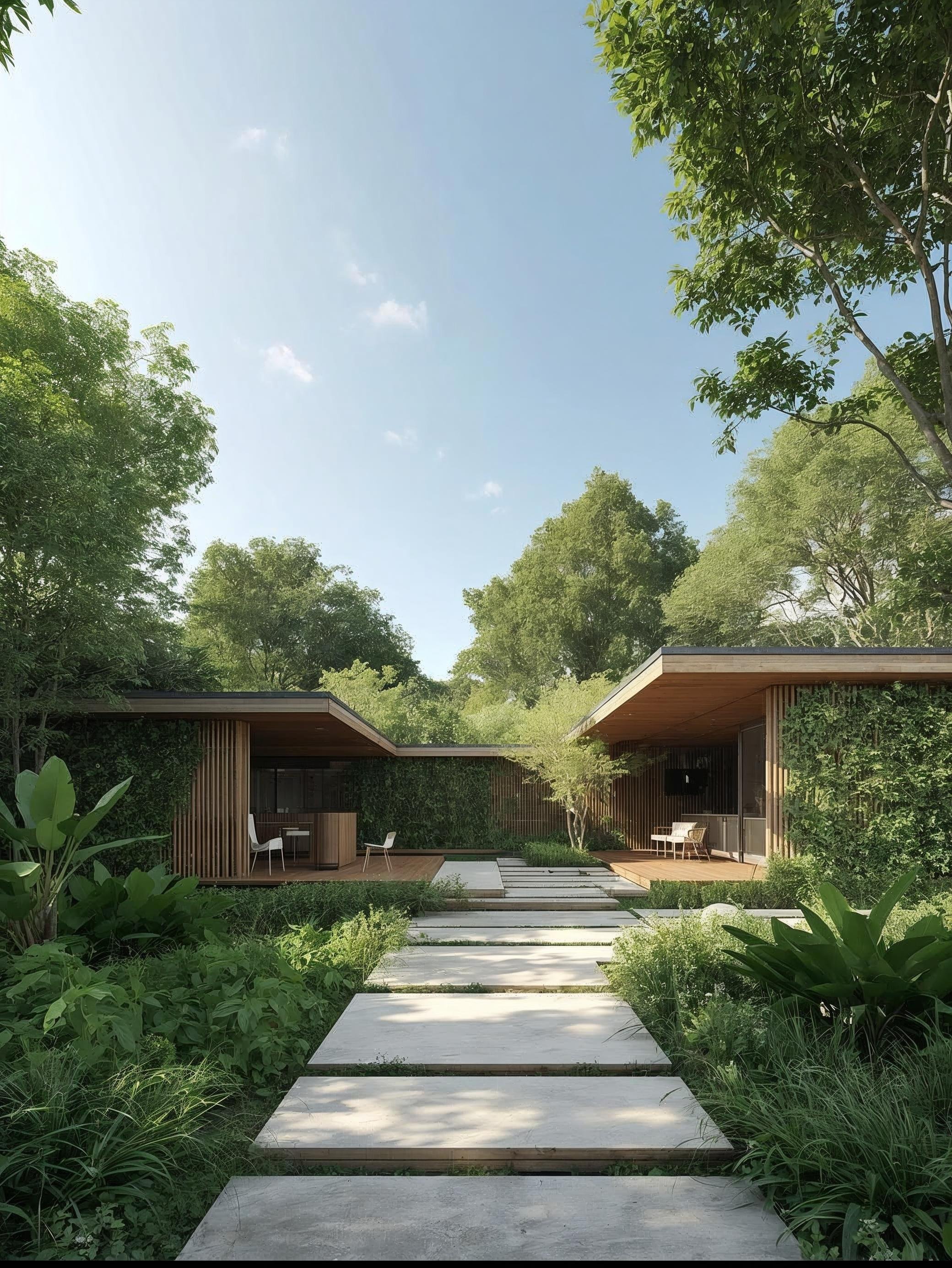 Sendero de piedra que conduce a un patio con casas de madera rodeadas de vegetación y árboles altos, bajo un cielo despejado.