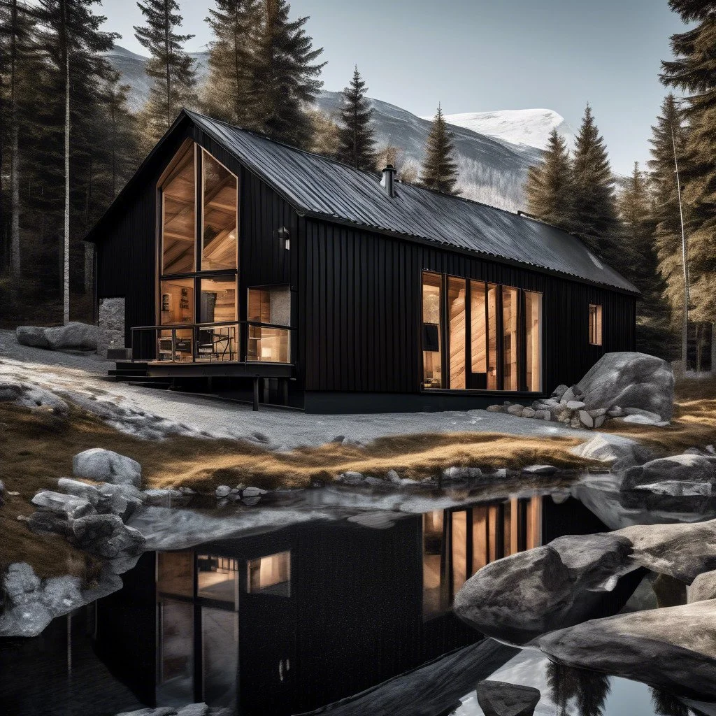 Casa moderna de madera y metal negro en entorno de bosque con laguna en primer plano y montañas al fondo, al atardecer.