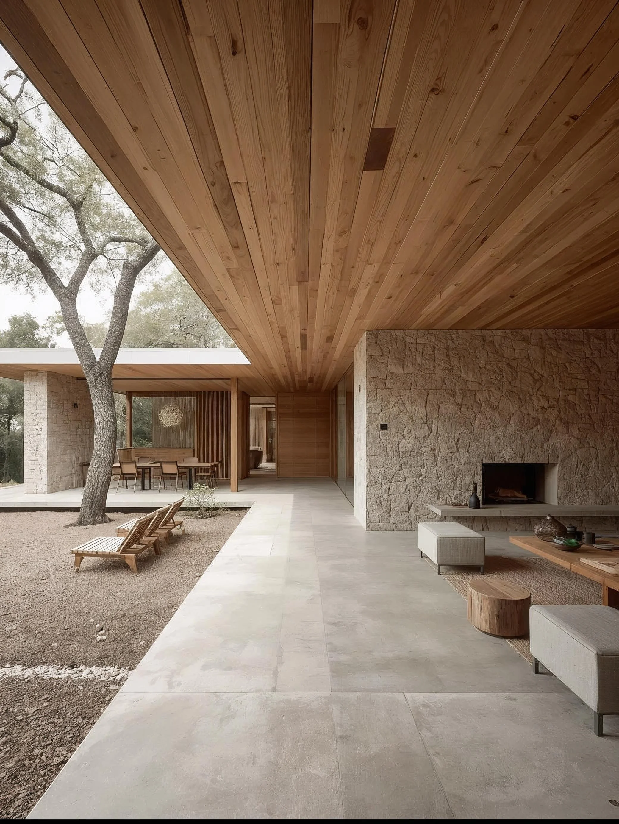 Espacio interior con techo de madera y paredes de piedra, área de descanso con sillas de madera y una mesa, además de una chimenea decorativa, con un área exterior con mobiliario y árboles.
