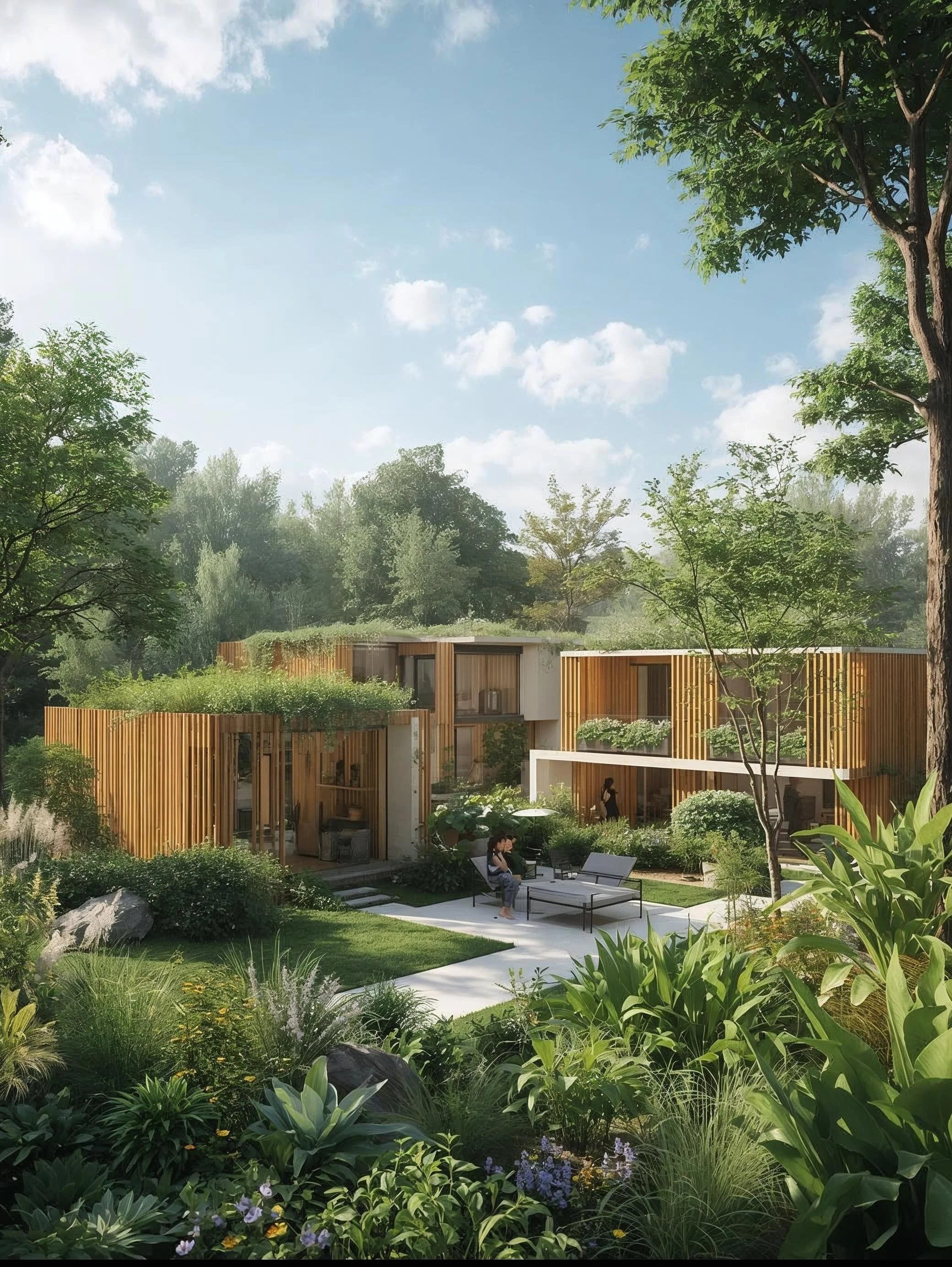 Una casa moderna rodeada de vegetación y árboles, con un área de sillones y una mujer sentada en una de las sillas en un jardín verde y frondoso, en un día soleado con cielo despejado y algunas nubes.