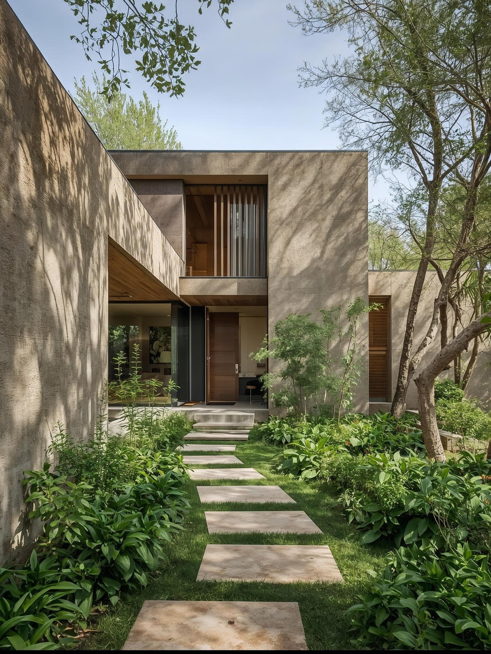 Camino de piedra en un jardín con plantas verdes y árboles a lado de una casa moderna de paredes de concreto y madera, con ventanas grandes y puertas de cristal, bajo un cielo despejado.