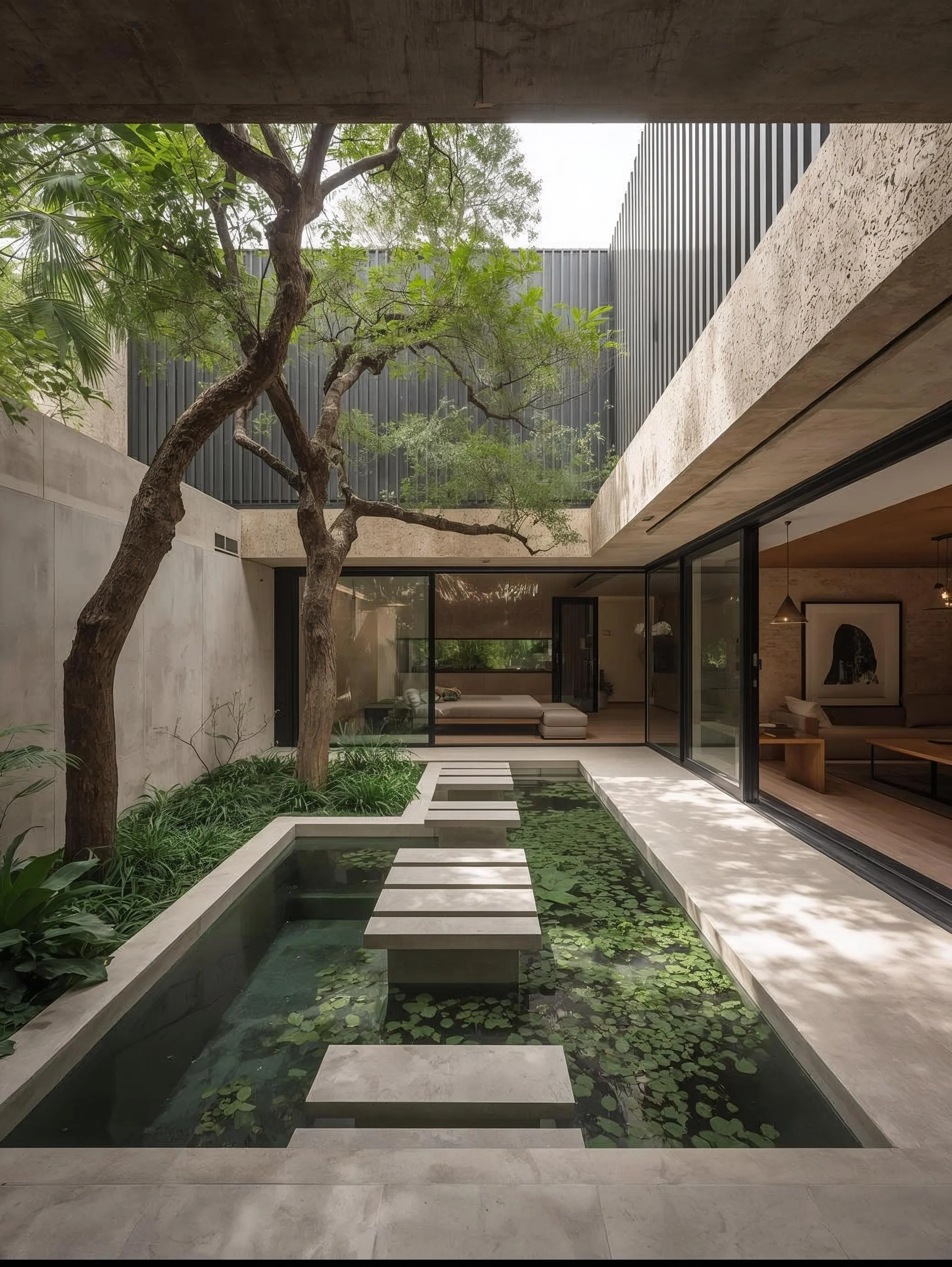 Interior de un espacio moderno con un patio central ajardinado, una fuente con agua y plantas acuáticas, una alberca pequeña y árboles que se ven a través de una ventana grande de vidrio y paredes de concreto y metal.
