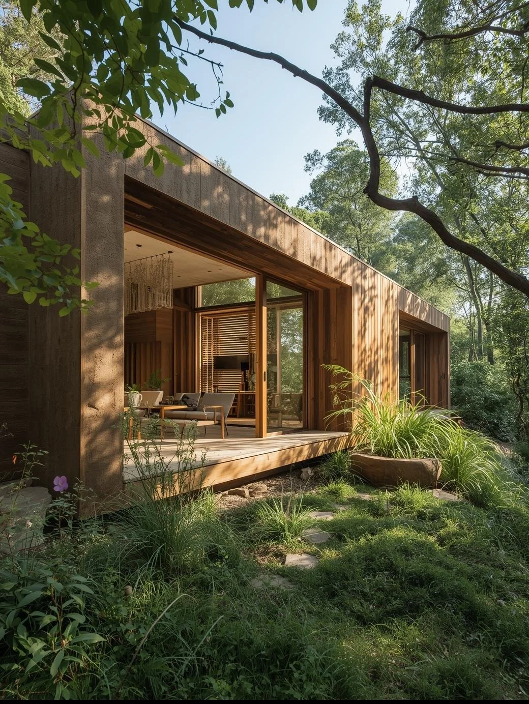 Casa moderna de madera en medio de un bosque, con un balcón y áreas verdes rodeándola.