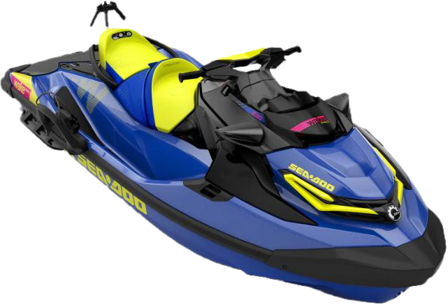 Colorful sit-on jet ski with black, yellow, blue, and gray accents.