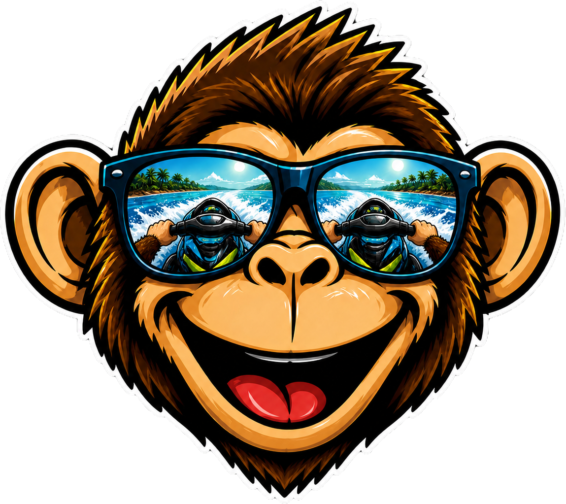 Cartoon monkey with brown fur wearing sunglasses, showing reflection of a person riding a jet ski on water with a tropical island and blue sky in the lenses.
